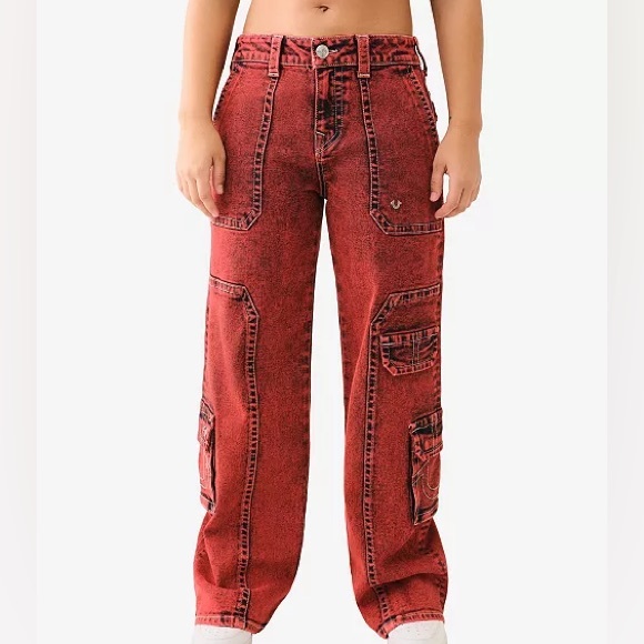 True Religion Bobbi Baggy Cargo Jeans Scarlet Sage Color - Picture 1 of 7